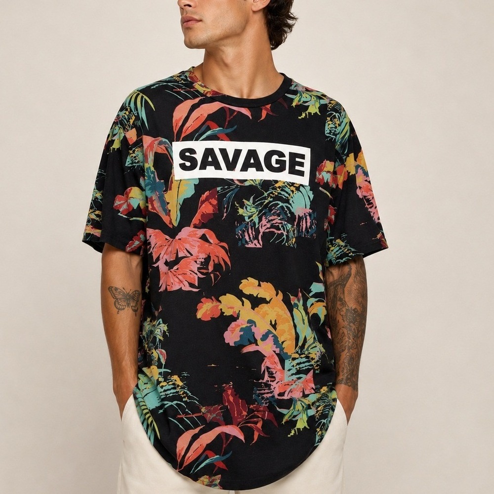 Urban ID Savage T-Shirt Mens XL Black Tropical Floral Metallic Foil Streetwear